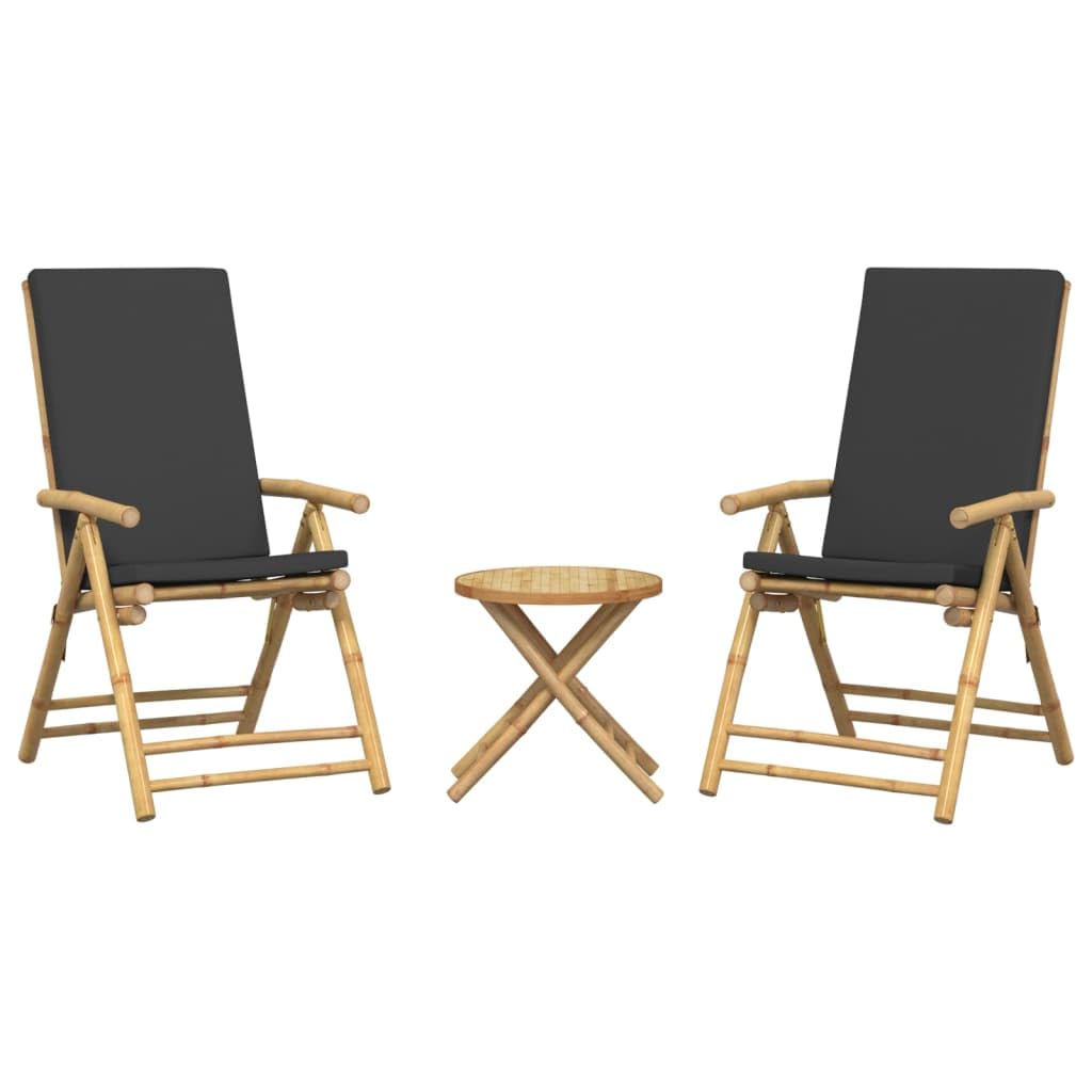 Set bistrot pieghevole con cuscini 3 pezzi bambù grigio scuro set di mobili da tavolo e sedie, per terrazza, tipo bistrot, piccoli balconi, terrazze