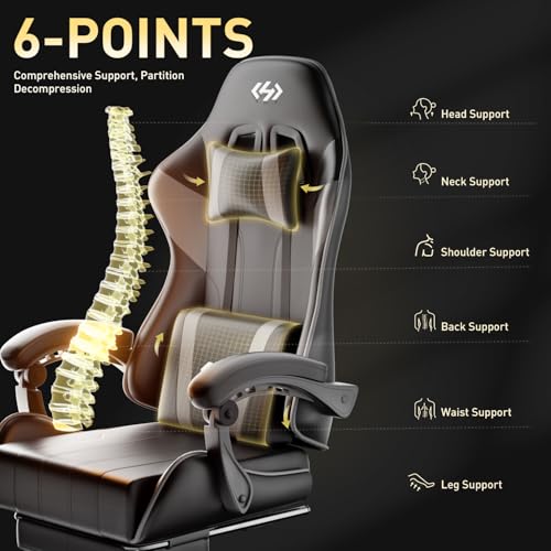 Image of HLDIRECT Gaming Chair, Ergonomic Computer Office Chair with Lumbar Support, Footrest, Headrest, PU Leather, 360 Swivel, Adjustable Height, Metal Frame, 200 lbs Capacity (Black&Grey)