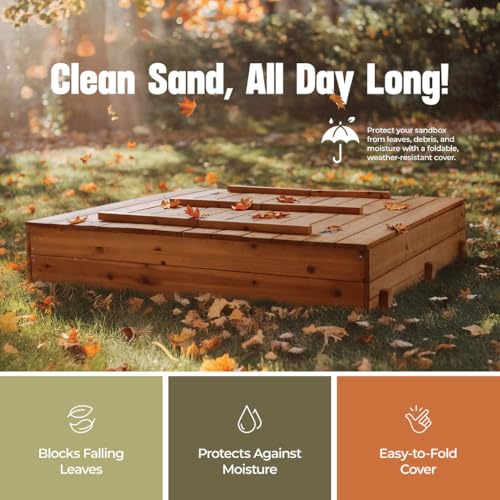 Image of Large Wooden Kids Sandbox with Lid - Outdoor Sand Box for Kids with Cover Sand Protection, Foldable Bench Seats and Bottom Liner