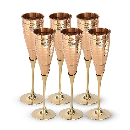 Indian Art Villa Pure Copper Handmade Champagne glasses With Hammered Design, Wine glasses Bar Restaurant Hotel Home, Parties, Barware & Tableware, Volume-5 Oz, Set of 6