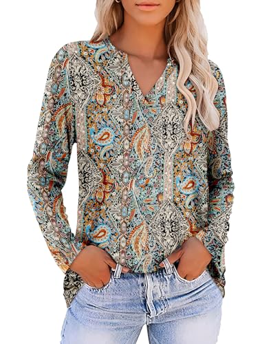 CRAZY GRID Women V Neck Fall Top Loose Fashion Casual Long Sleeve Shirt Comfy Blouse for Daily Wear and Office Work S-3XL3