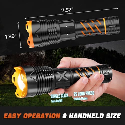 Image of Super Bright Flashlight High Lumens 100000 Rechargeable, Powerful Strong 50W LED, Long Lasting 15 Hours, Quick USB C Charge, Improved Single Click Design 3-Mode, LCD Display & Output, for Hiking Home