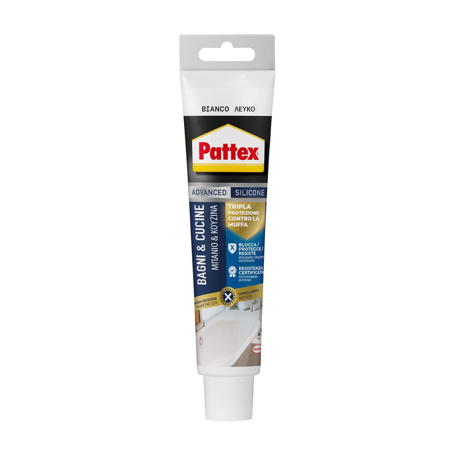 PATTEX Sigillante Bianco Bagni&Cucine 3x Protection, Silicone Bianco per Bagno Antimuffa, Silicone Impermeabile, Flessibile e a Lunga Durata, 1 Tubo da 50 ml