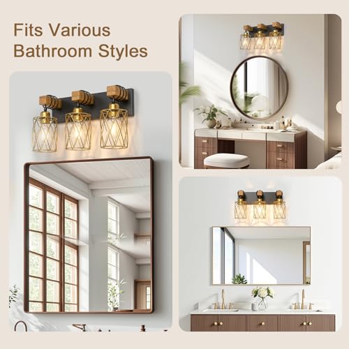 Image of IZORRO Farmhouse Bathroom Vanity Light, 3-Light Wood Bathroom Light Fixtures Over Mirror, Black and Gold Industrial Vanity Lights with Metal Shade, Rustic Restroom Lighting Fixtures