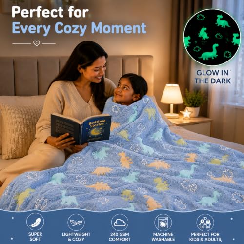 Image of Glow in The Dark Dinosaur Blanket for Kids, Teens & Adults, 200 x 150 cm, 240 GSM Soft Polyester Fleece Throw Blanket, Cozy Lightweight AC Blanket for Bed, Sofa & Travel, Blue