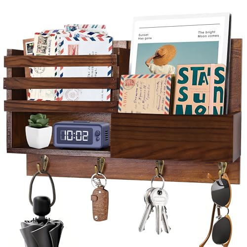 Key Holder Wall Mount, Mail Organizer with Key Hooks, Solid Wood Mail...