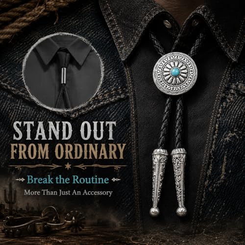 Image of Turquoise Bolo Tie for Men, Leather Braided Necktie Western Cowboy Bola Tie Costume Accessories for Men Women