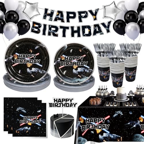 Space Battleship Wars Lightsaber Birthday Party Decorations 25 Guests Star Galaxy Universe Cardstock Plates | Napkins | Cups | Forks | Tablecloth | Banner | Balloons | Cake Topper for Boys Kids