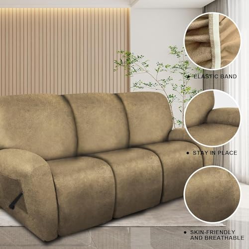Image of molasofa Recliner Sofa Covers - 8 Pieces Stretch Leather Like Large Couch Covers for 3 Seats Reclining Slipcovers with Elastic Bottom (Mustard)
