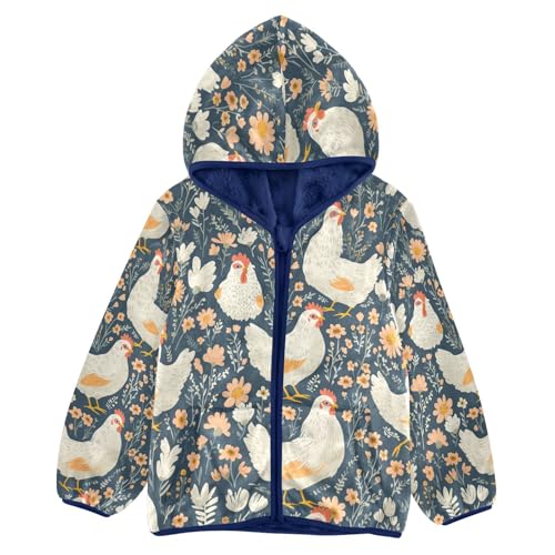 Floral Hen Pattern Toddler Fleece Jacket Girl Boys Hooded Fleece Jacket Coat Warm Outwear Zip-up 3-10T