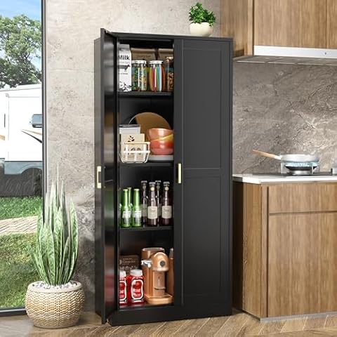 UNICOLY Metal Pantry Cabinet, Storage Cabinet with Doors and Shelves, Kitchen Pantry Cabinet with Adjustable Leveling Foot, Cabinet for Laundry Room, Living Room, Bathroom, Dinning Room. Black 60" H… Cover