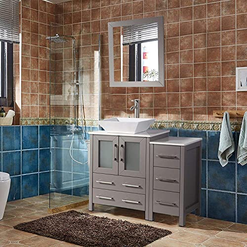 Vanity Art 36 Inch Single Sink Bathroom Vanity Compact Set 1 Shelf 5 Dove-Tailed Drawers Quartz Top And Ceramic Vessel Sink Bathroom Cabinet With Free Mirror Va3124-36-G #TOP3