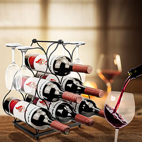 Urban Deco Small Wine Rack for 6 Wine Bottles with 4 Glasses Holder – Easy to Assemble Modern Countertop Metal Wire Wine Storage for Table Top Cabinet Kitchen Black