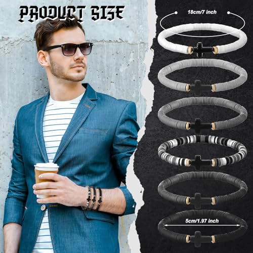 24 Pcs Cross Men's Heishi Surfer Bracelet Cross Beads Polymer Clay Bracelet Stackable Christian Religious Gifts2
