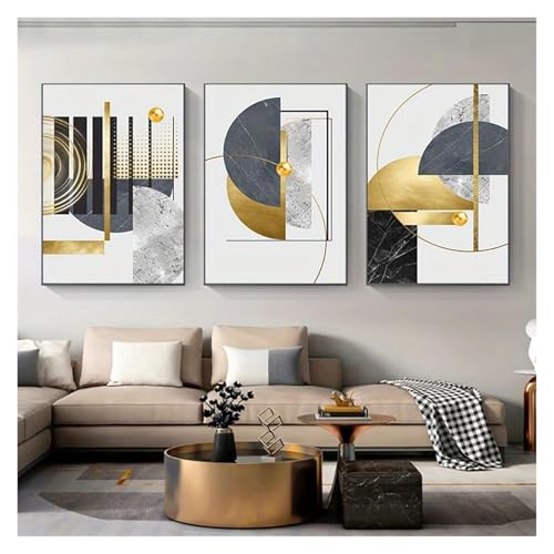Tableau déco nature triptyque abstrait géométrique doré 3 pièces 50x70cm