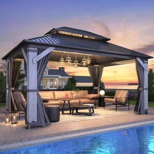 GARTOO 12' x 16' Outdoor Wood Gazebo - Permanent Wooden Hardtop Gazebo Pavilion with Double Curtains, Galvanized Steel Roof Cedar Wood Gazebos for Garden, Lawn, Poolside, Backyard Deck