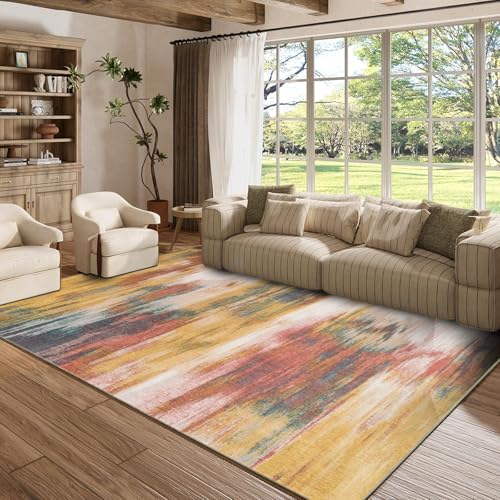 OMHHBX Alfombra para salón, moderna, abstracta, 150 x 240 cm, para dormitorio, mullida, lavable, antideslizante, para salón, dormitorio, comedor y balcón, desenfoque amarillo y rojo