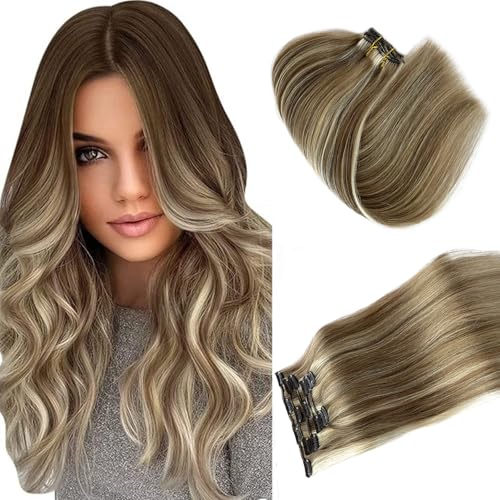 Munx Ash Brown to Beige Blonde Balayage Blonde Clip in Hair Extensions for Black Women - 15inch 70g Platinum Highlight Human Hair - 7pcs