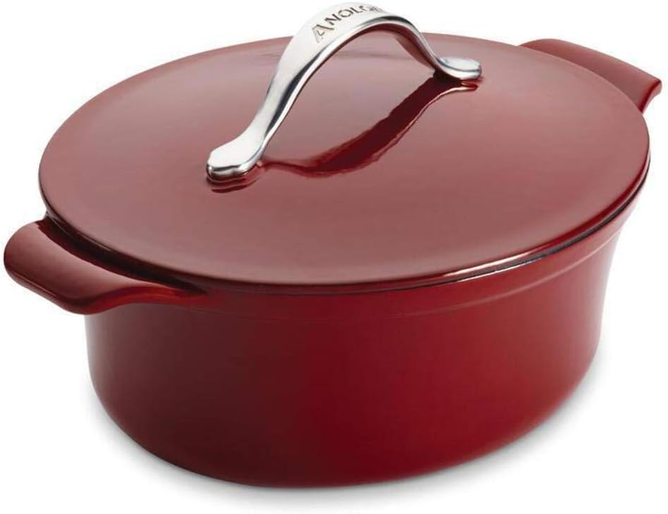 Anolon Vesta Cast Iron Cookware 4-Quart Oval Covered Casserole, Paprika Red