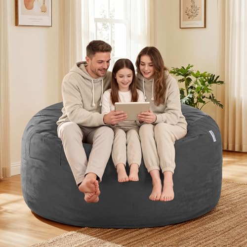 Image of HABUTWAY Bean Bag Chair: Giant 5' Memory Foam Furniture Bean Bag Chair with Microfiber Cover - 5Ft,Silver Grey