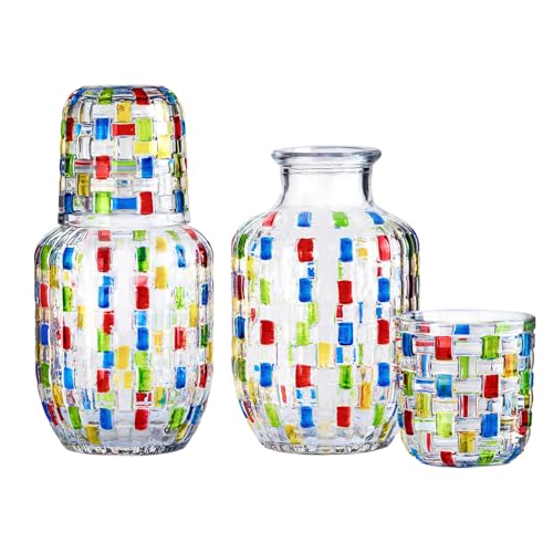 KFOSO Bedside Carafe and Glass Pitcher Set of 4, Gifts for Women, Hand-Painted 16oz Glass Pitcher with Cup Lid -Festival Gifts, Wedding & Bridal Shower Gift, Birthday Gift by KFOSO - Used condition - US$22.56