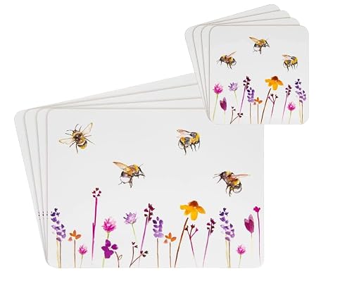 Image of Busy Bees Placemats and Coasters Set of 4 of Each with Wipe Clean Finish with Corked Back for Dinner & Dining Room Table