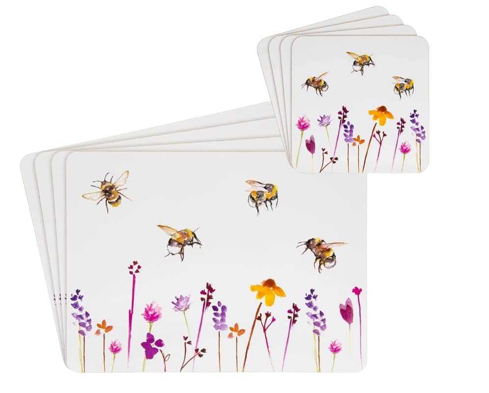 Busy Bees Placemats and Coasters Set of 4 of Each with Wipe Clean Finish with Corked Back for Dinner & Dining Room Table
