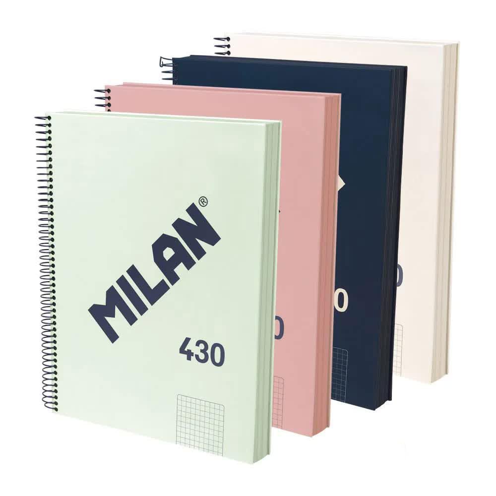 MILAN® Pack 4 cuadernos A4 con tapa dura, papel cuadriculado (5 x 5 mm), 120 hojas de 95 gr/m², colección goma 430