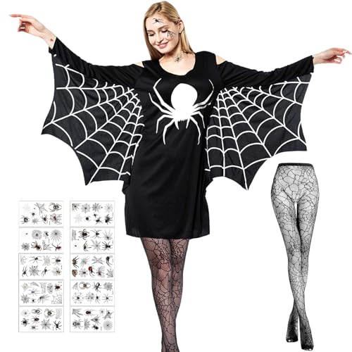 Costume d'Araignée pour Femme, Costumes d'Araignée d'Halloween pour Femme, 1 Déguisement Araignée Femme+1 Bas Araignées+10 Autocollant de Tatouage d'Araig-née, pour Halloween, Carnaval et Fêtes (XL)