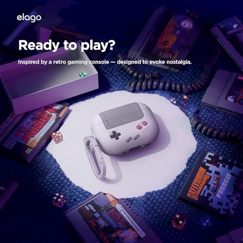 Image of elago AW5 Compatible with AirPods Pro 3 Case Cover - Classic Retro Handheld Game Console Design Case, Carabiner Included [Light Grey]