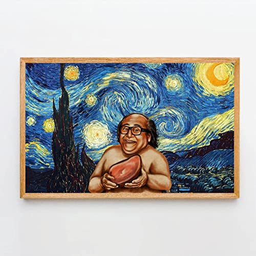 Danny DeVito Poster, Funny Danny DeVito and His Beloved Ham Poster, Frank Reynolds Rum Ham on a Starry Night Poster Canvas Wall Art Home Dorm Room Decor, Gift for Family and Friends
