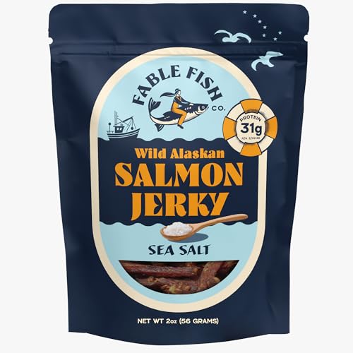 Fable Fish Wild Alaskan Salmon Jerky - Wild Caught Salmon with 31g of Protein - Tasty Fish Jerky with Omega-3s and Natural Source of Collagen - Made with Whole Muscle Sockeye - Sea Salt