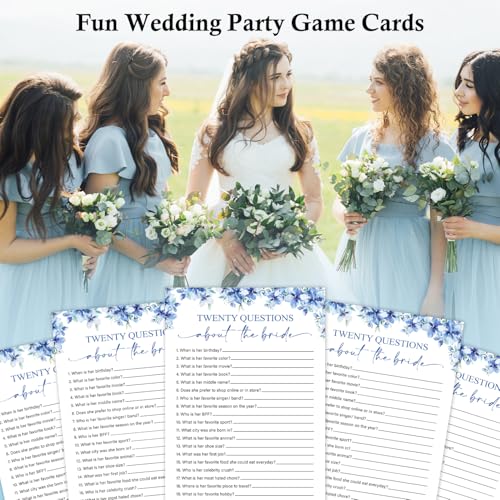 Image of Twenty Questions About The Bride Games, 25 Blue Floral Wedding Shower Game Cards Set, Engagement Party Game for Guests, Wedding Games for Reception, Minimalist Marriage Party Supplies-07