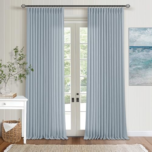 Image of Light Blue Linen Curtains 102 Inches Long for Living Room Pinch Pleated Drape with Hooks Rings for Track System Light Filtering 102 Inch Curtain for Bedroom Sliding Patio Door 2 Panels Dusty Blue
