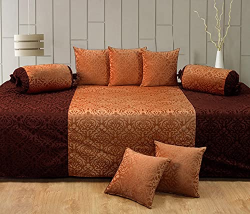 Image of Home Sajja Premium Diwan Set of 8 (1 Sheet, 2 Bolster with Dori & 5 Cushion Covers) Coffee & Camel, Self