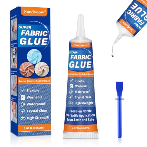 Soodyoow Colla Tessuto, 60ML Colla per Tessuti Resistente ai Lavaggi e Impermeabile per Cotone, Flanella, Denim, Poliestere e Riparazione di Bambole