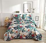 Ycosy Rainforest Quilt Set Tropical Flowers Bed Cover Set Jungle Plant Bedspread Coverlet Printed Floral Bedding Set Full/Queen(68”x86”)