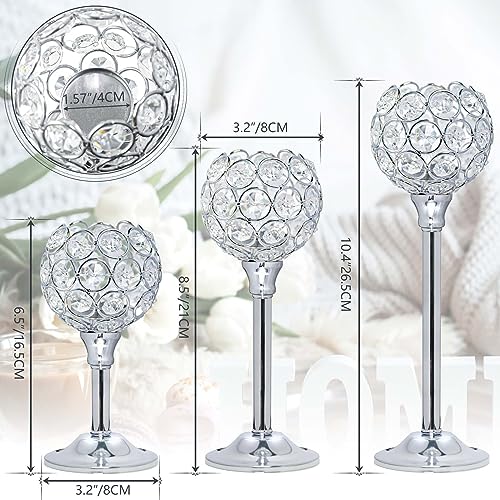 Set of 3 Silver Crystal Metal Tealight Candlestick, Bling Bowl Candelabras, Tall Votive Candle Holders Elegant Candle Centerpiece for Dining Table Wedding Decor - Image 3