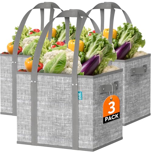 Fab totes Reusable Grocery Bags, Large Foldable Shopping Tote Bags with Reinforced Handles & Hard Bottom,Water Resistant Grocery Bags for kitchen,Picnic,3 Pack,Grey
