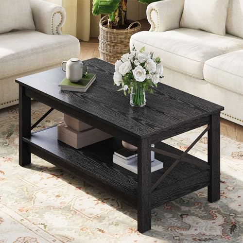 GOOBED Modern Coffee Tables for Living Room with Storage, Farmhouse 2-Tier Rectangular Coffee Table, 39.4" Coffee Table with Ample Storage Ideal for Living Room Home Office, Black