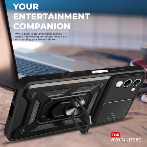 Image of Armor Bumper Back Cover Case for Vivo T4 Lite /iQOO Z10 Lite 5G Rotating Camera Cover, Ring Holder & Kickstand | Heavy Duty & 360 Degree Protection Back Cover (Black)