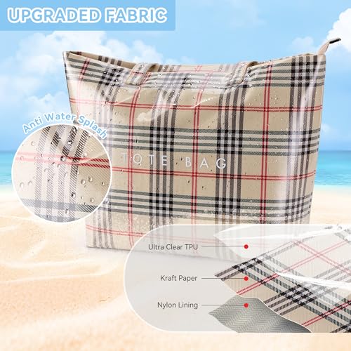 Image of KALIDI PVC Zipper Tote Bag, Jelly Kraft Paper Beach Bag Large Hobo Carry All Travel Shopping Handbag Plastic Shoulder Bag