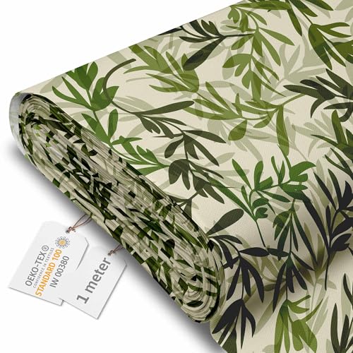 DreamRoots Tela impermeable por metros 600D 220g/m - Tela para tapizar sillas, cojines, sofas - Lona impermeable exterior 160 cm ancho Vintage Green Leaves 1M