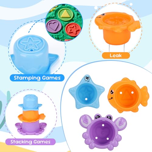 Image of Fajiabao Toddler Bath Toys for Kids Ages 1-3 Multi-Play in Tub Water Pool | Learning Mold Free Bath Toys with Color Stacking Cups & Watering Can Interactive Shower Toys for 1 2 3 4 5 6 Birthday Gifts