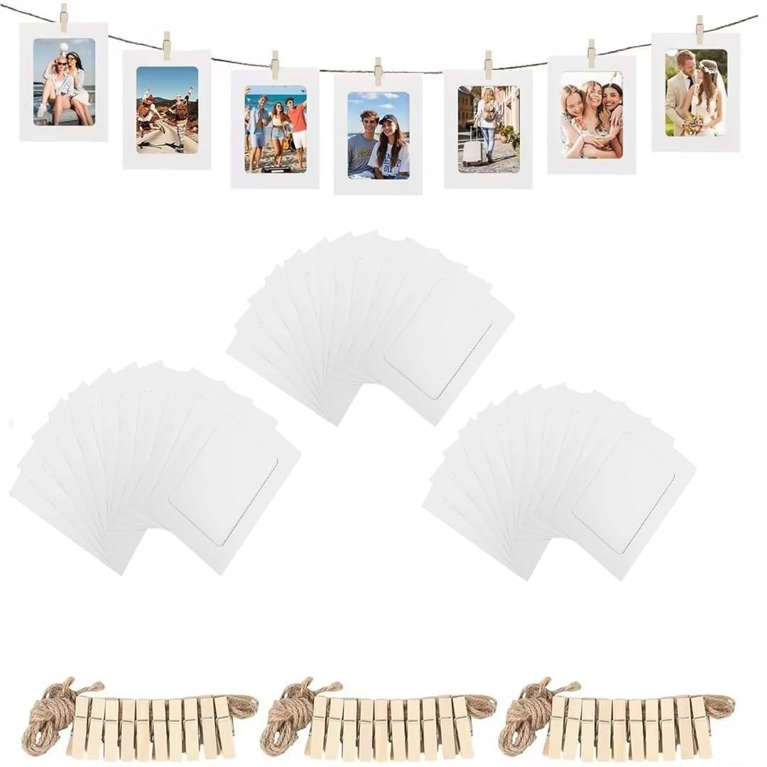 AIBAOBAO 30Pcs White Picture Frames Home Decor Set, 4"x6" Paper Photo Cardboard Frames Flim DIY Wall Picture Hanging Frame Album+Rope+Wooden Clips Set Great for Home School or Party Decor 10x15 cm — image 1