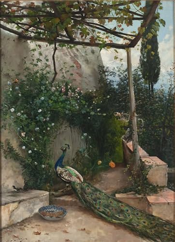 Tableau Toile Terrasse avec paon l'Alhambra par Birger Peinture Décorative 60x90cm