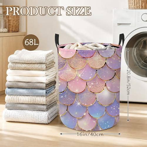 Image of Pastel Mermaid Laundry Hamper, Scale Glitter Laundry Baskets, Waterproof Oxford Cloth for Room /Bathroom /Bedroom /Dormitories 16x20.8 Inch