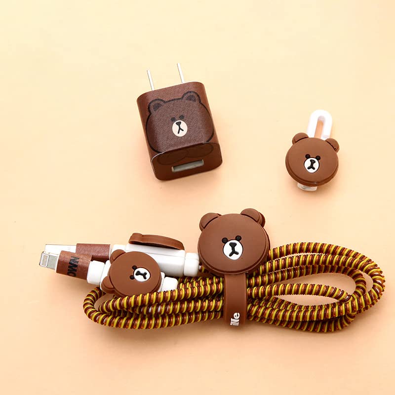 Careflection6-in-1 Multi Combo Spiral USB Cable Protectors + Earphones Winder + Sticker + Cable Clips + Earphone Jack Clip for Old 5W Apple iPhone iPad Charger (Bear)