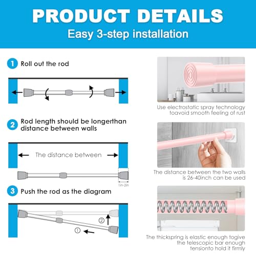 Image of MEXAU 1Pack Spring Tension Curtain Rod 26-39 inch Pink Small Tension Rod | Adjustable Curtain Rods No Dilling Extendable Spring Tension Rod Short Curtain Rod for Windows, Kitchen, Bookshelf, Closet