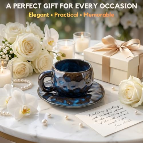 Image of NYRWANA Japanese Style Vintage Ceramic Coffee Cup & Saucer Set with Handle, 250ml Fancy Latte Art Tea Cup for Coffee, Tea, Mugs for Present, Anniversary, Wedding, Marriage Gifts for Couples